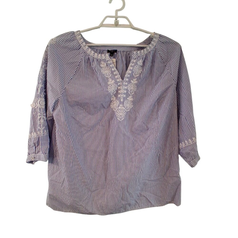 Talbots nwt top womens size X plush blue striped cotton embroidered 3/4 sleeve